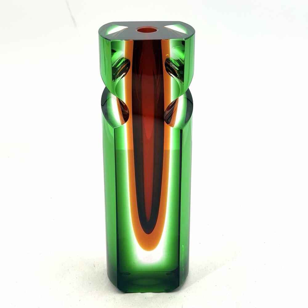 VTG Sommerso Block Vase Signed Yakup Murano Style Tri Color Heavy Glass 10.5”